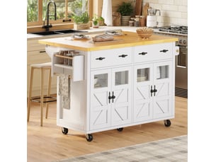 Îlot de cuisine mobile extensible 140 cm, 5 roulettes dont 2 avec freins, blanc