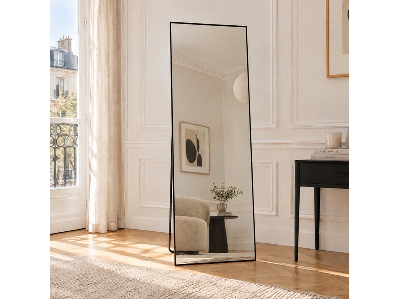 Miroir rectangulaire sur pied 165 cm, pour chambre, dressing, salon, style scandinave, verre trempé, grand miroir avec cadre en métal, noir - Conforama B