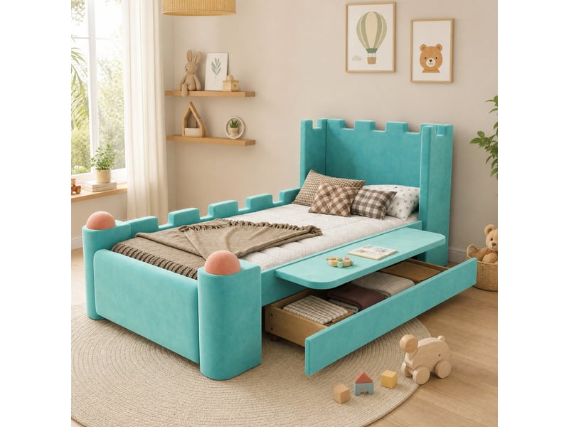  Lit enfant simple 90×200 cm, tiroir, tablette rabattable et bords rembourrés - okmyhome- sans matelas bleu vert  - Conforama C