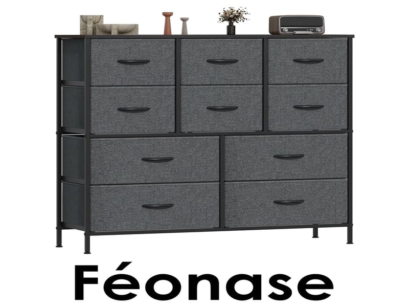  Chiffonnier meuble 100x30x97 cm dix tiroirs tissu gris fonce et metal noir chambre  - Conforama A