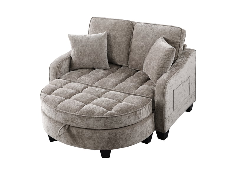  Canapé convertible 2 en 1 marron avec pouf coffre, tissu respirant et bois d’eucalyptus  - Conforama A