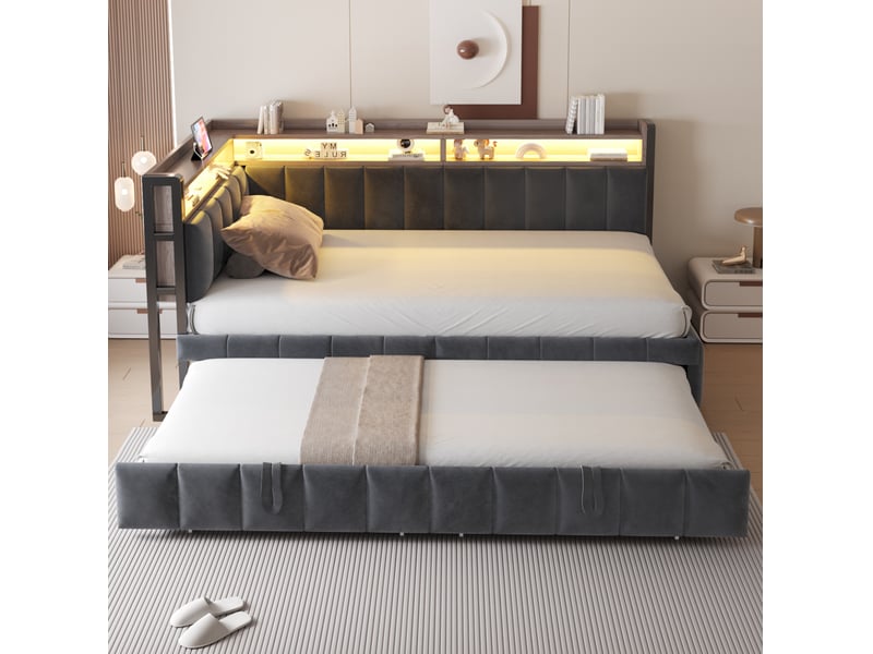  Lit enfant gigogne 90x200cm+90x190cm led, rangement, ports usb‑c, sommier à lattes, velours gris foncé sans matelas  - Conforama B