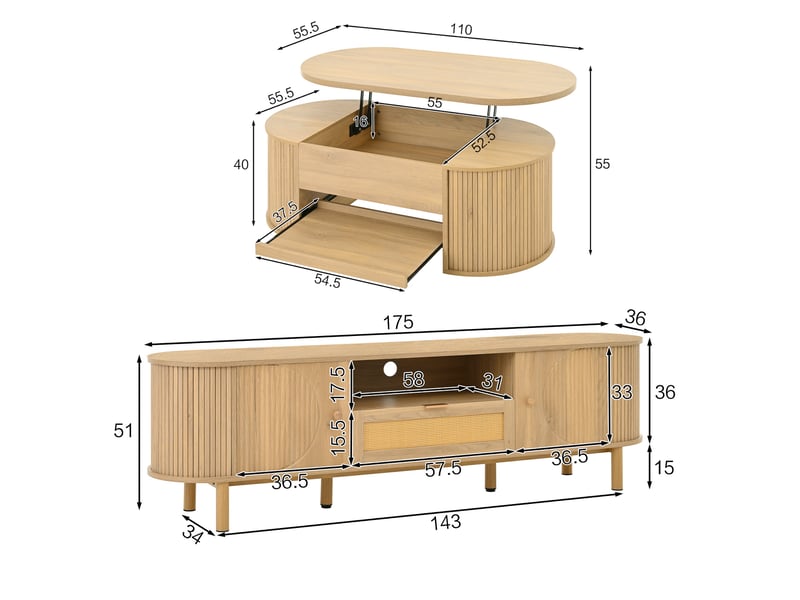  Ensemble meuble de salon, table basse relevable et meuble tv avec rangement, mdf et cannage rotin style moderne, naturel  - Conforama E