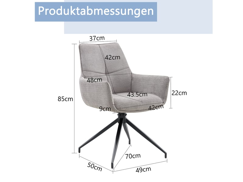  Chaises de salle à manger lot de 2 pivotantes 360° avec accoudoirs  - pieds métal, tissu - gris et noir  - Conforama D