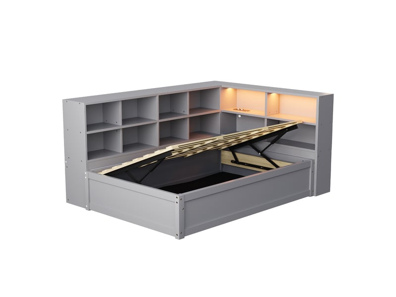  Lit coffre 90x200 cm, lit enfant avec usb, led et rangement, en bois gris, sans matelas  - Conforama D