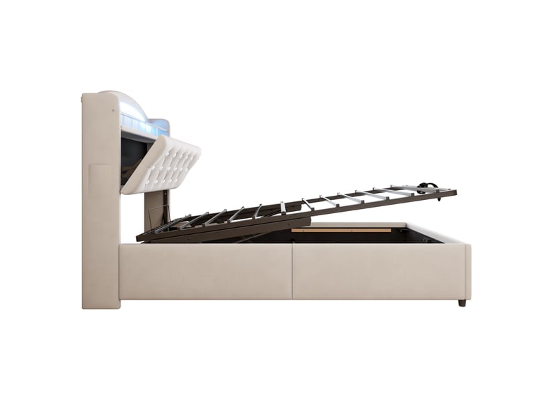  Lit coffre enfant 90×200 cm en velours, lit simple avec led, 3 ports usb et 1 port type-c, sans matelas, beige  - Conforama E