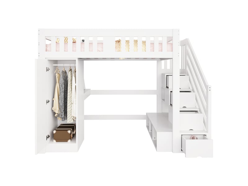  Lit mezzanine 140x200 cm, lit enfant, bureau, armoire, escalier avec rangement, barrière antichute, prise intégrée, bois blanc  - Conforama B