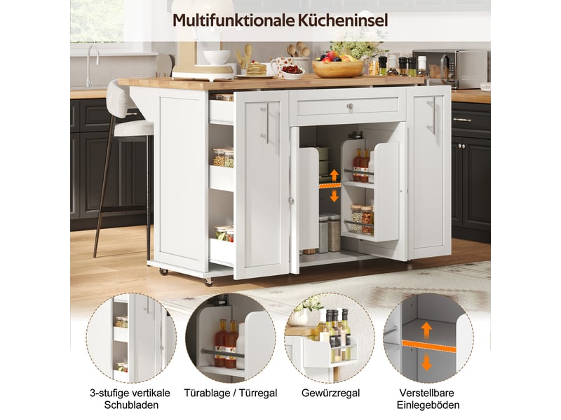  Desserte de cuisine avec plateau rabattable, 3 tiroirs, 2 portes et roulettes verrouillables, mdf, blanc et bois naturel  - Conforama E
