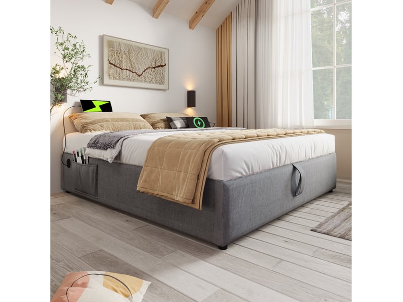  Lit coffre double 160x200 cm avec ports usb et usb-c, bois et métal, gris, sans matelas  - Conforama D
