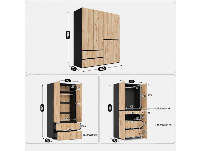  Armoire chambre 6 portes, penderie de rangement avec 5 tiroirs et 2 tringles, meuble de rangement dressing en bois mdf 180x50x200 cm, bois  - Conforama E