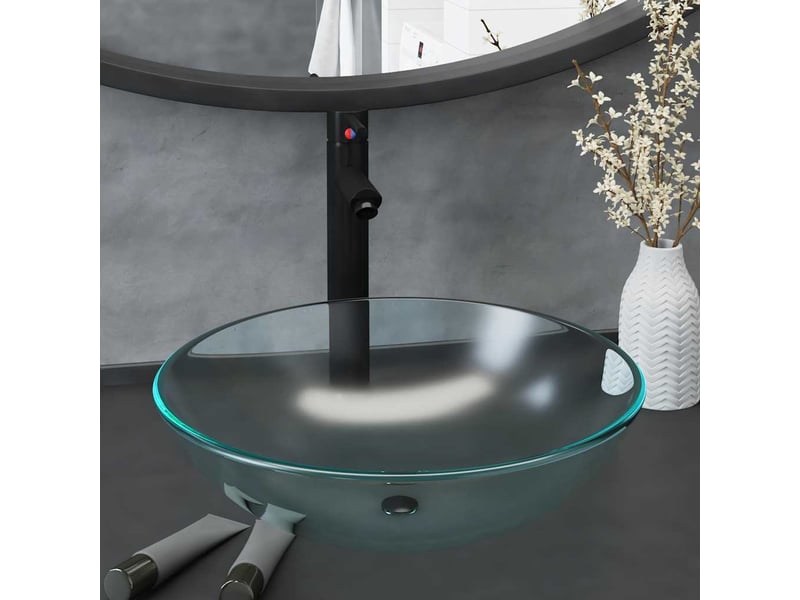 Lavabo de bain, vasque à poser avec robinet et drain à poussoir verre trempé cf65645 - Conforama B