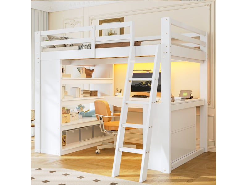  Lit mezzanine 140x200 cm avec bureau intégré, tiroir, étagères de rangement, éclairage led et port usb, espace de travail - blanc  - Conforama B