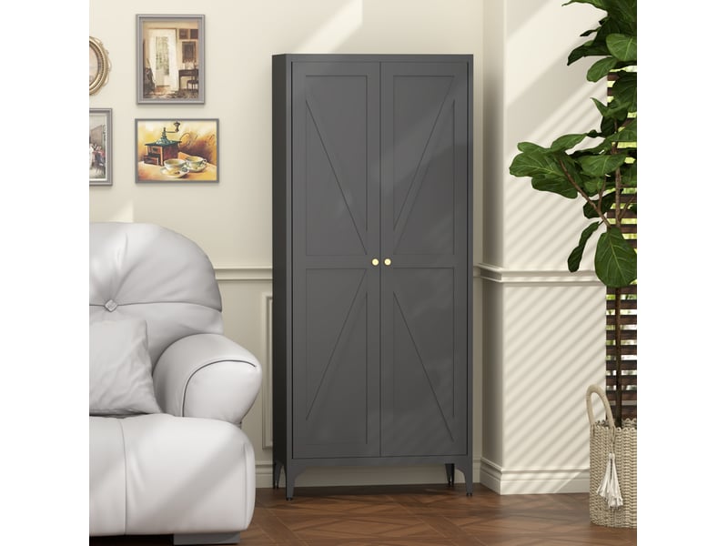  Armoire de rangement haute en métal à 2 portes et 4 étagères réglables pour cuisine, salon et bureau, noir  - Conforama B