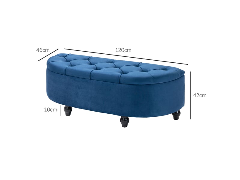  Pouf de rangement coffre 2 en 1 - pieds bois hévéa noir revêtement velours bleu - pouf capitonné demi-cercle  - Conforama C