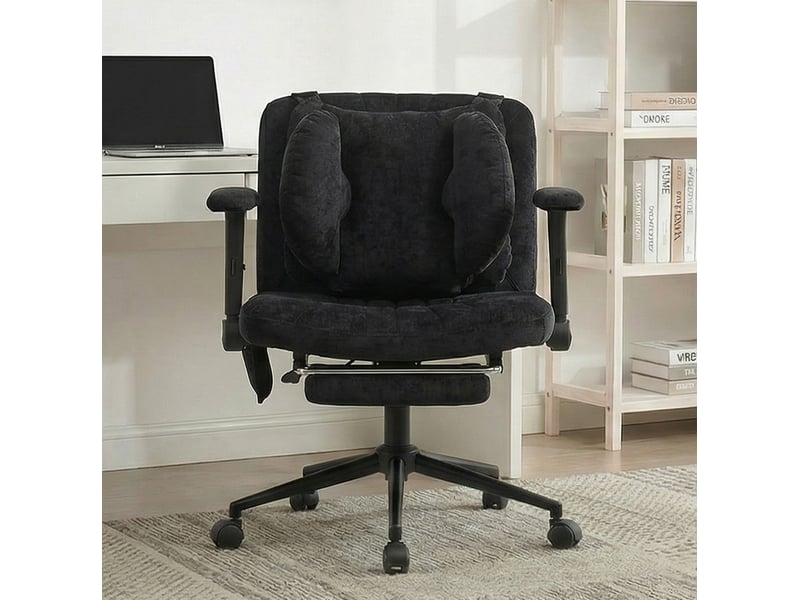  Chaise de bureau gaming pivotante en tissu noir, hauteur réglable avec repose-pieds, accoudoirs et roulettes  - Conforama E