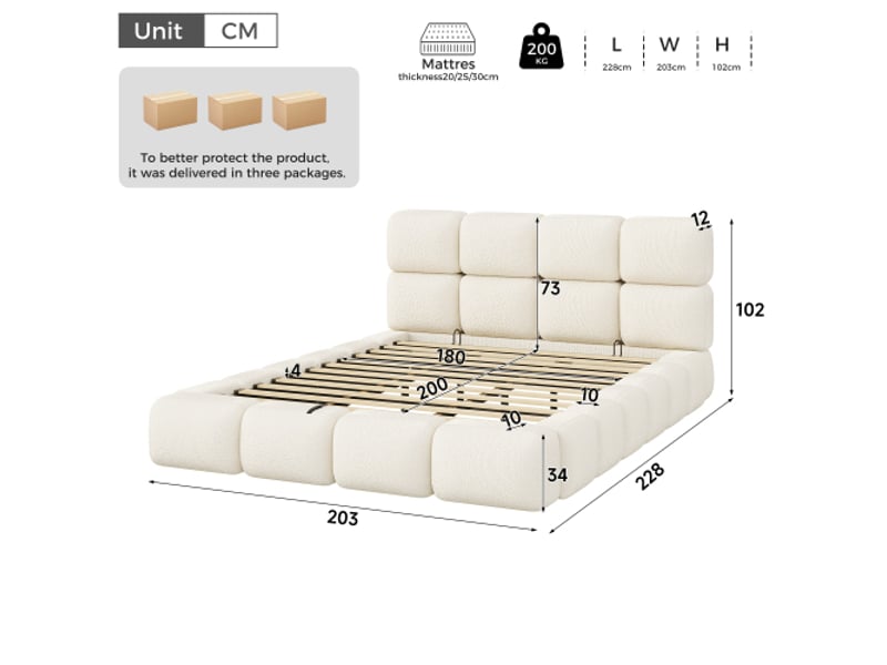 Lit double 180x200 cm – lit hydraulique avec rangement intégré – tête de lit capitonnée blanc bouclé – design bubble - Conforama C