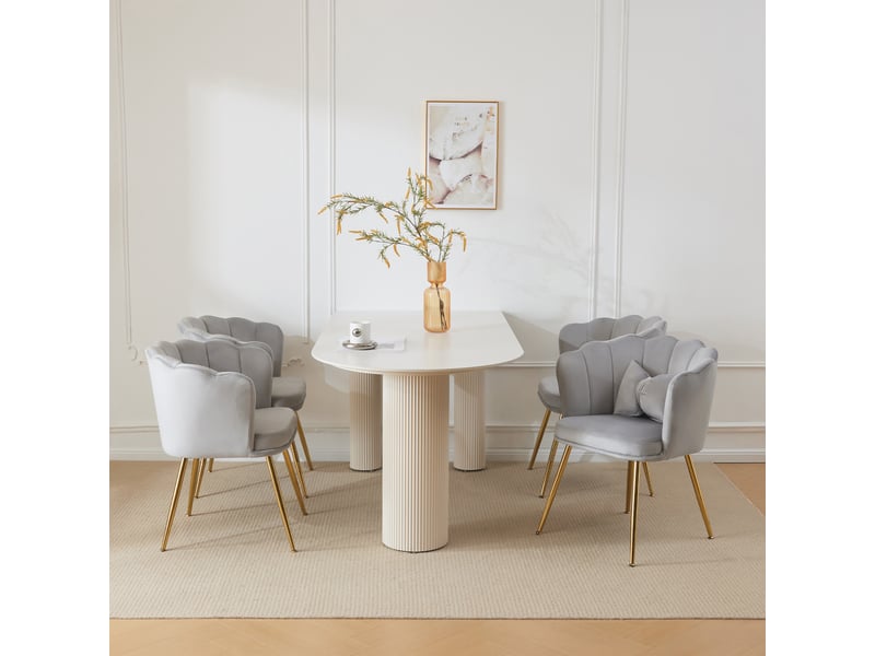  Lot de 4 chaises de salon en velours avec dossier pétale, coussin et pieds métalliques dorés, gris  - Conforama D