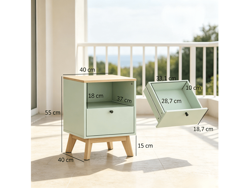 Lot de 2 tables de chevet avec niche ouverte en mdf vert clair et effet chêne - Conforama E