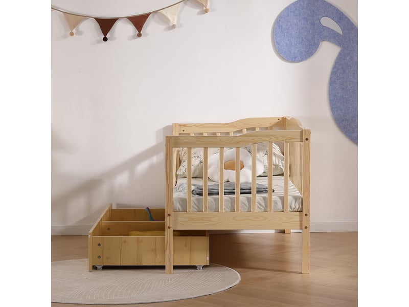  Lit enfant 70x140 cmavec tiroir et barrière de sécurité - sommier à lattes inclus,  naturel  - Conforama D
