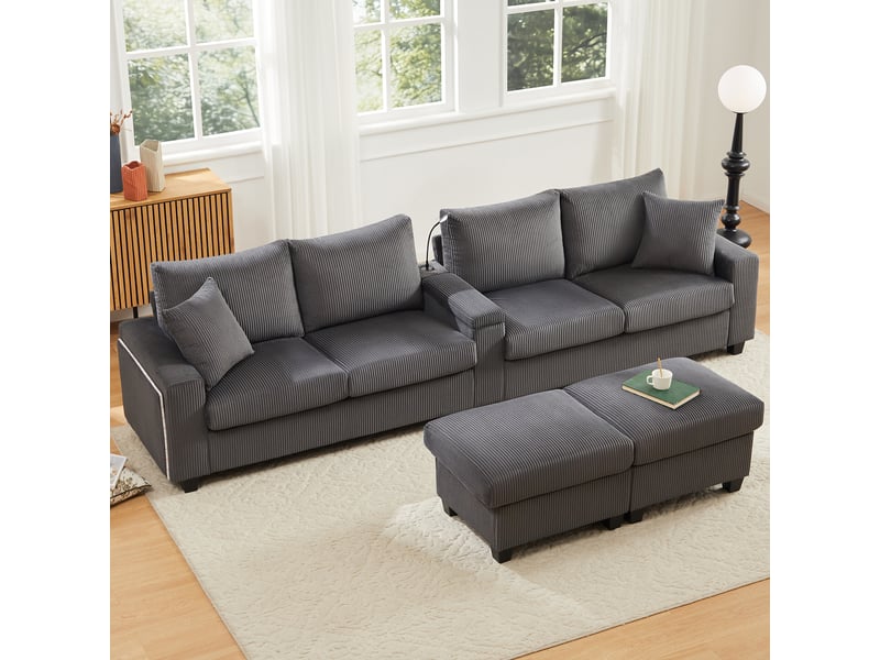  Canapé panoramique en u velours côtelé gris, 4 places avec 2 poufs de rangement &amp; ports usb, accoudoirs led et lampe pour grand salon  - Conforama D