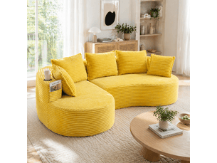 Canapé modulable 3 places 250x152x82 cm, canapé salon arrondi avec porte-gobelet et poche latérale, coussins inclus, velours côtelé, jaune