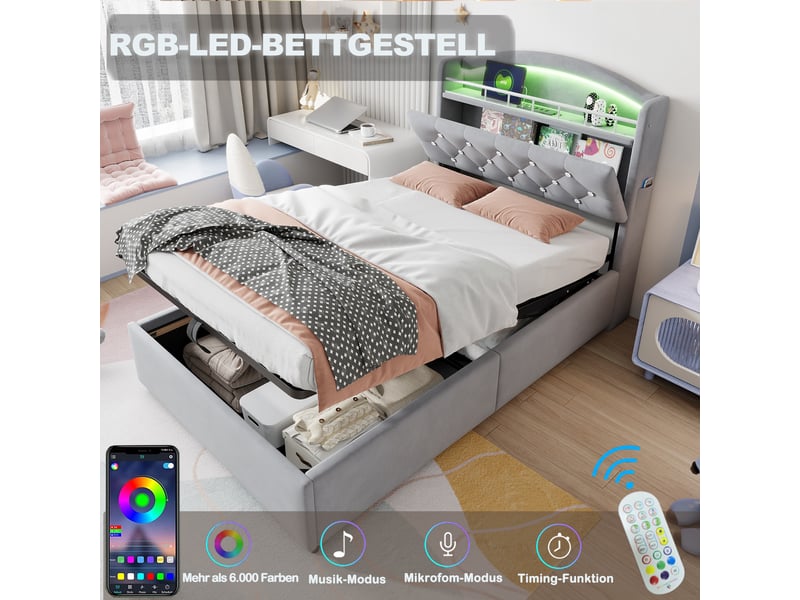  Lit enfant 90x200 cm en velours gris, multifonction avec rangement, led et usb  - Conforama B