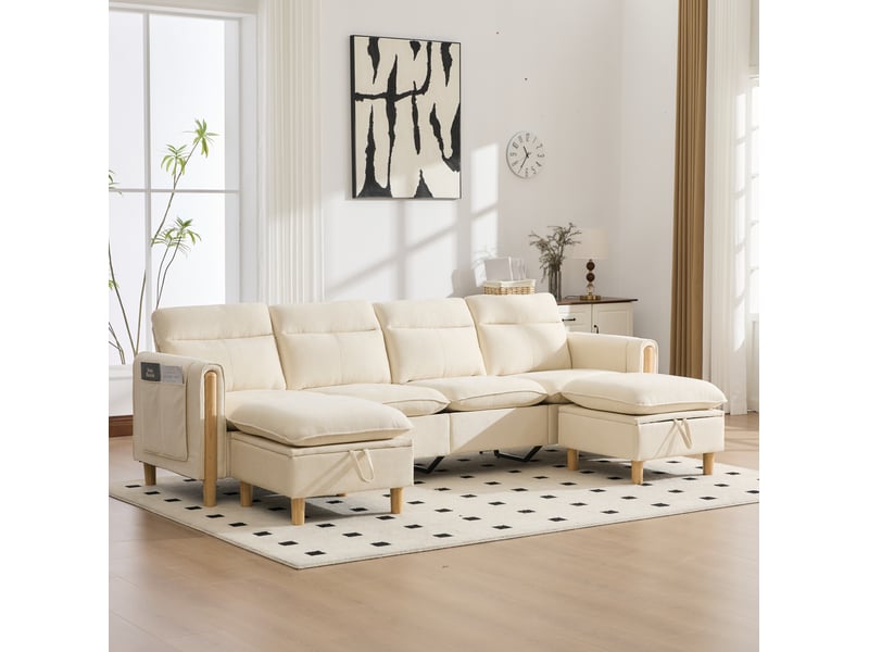 Canapé modulable 4 places en u modenvie avec 2 poufs coffres, tissu chenille beige, 261 x 77 x 86 cm  - Conforama B