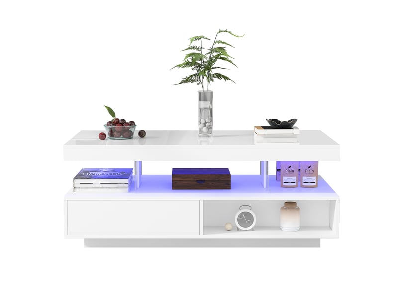  Table basse brillante en panneaux de particules avec lumière led,4 plateaux en verre,2 tiroirs et 2 compartiments ouverts,blanc table basse blanc - Conforama A