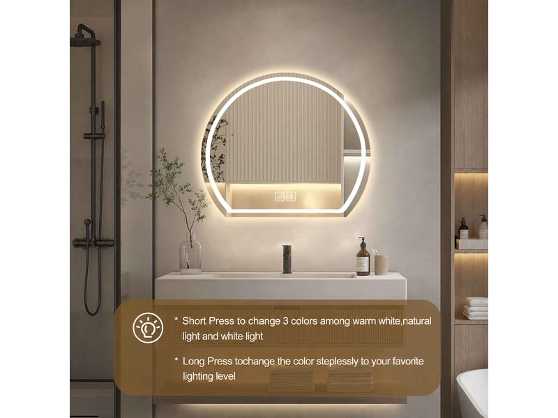  Miroir led 70 x 63 cm blanc en verre 5 mm rond à fond plat tactile antibuée éclairage réglable pour salle de bain  - Conforama D