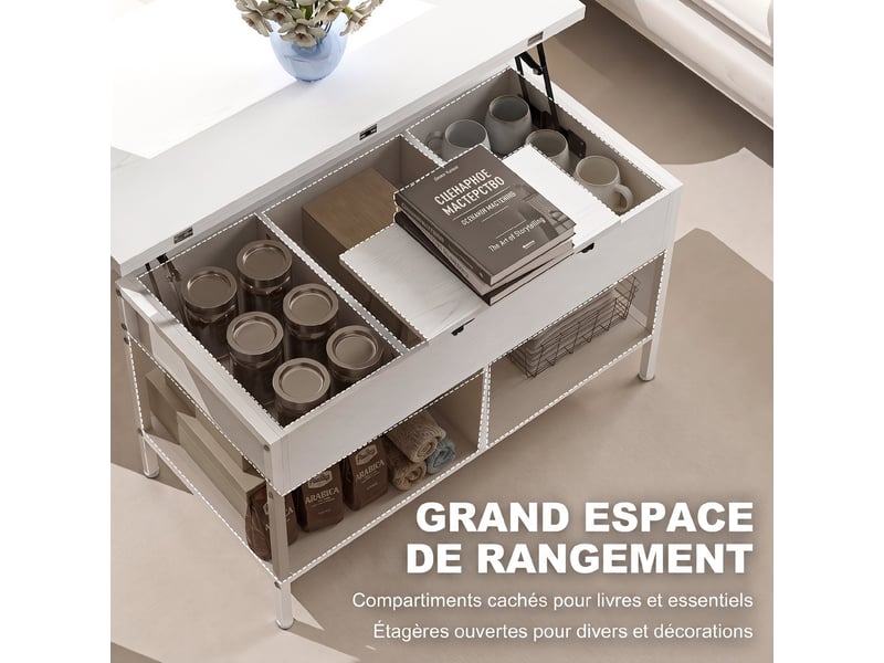  Table basse relevable et extensible, 98x49x55cm, table de salon avec compartiment caché étagères ouvertes, blanc  - Conforama E