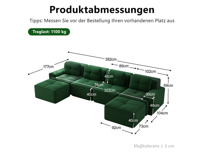  Canapé d'angle modulable 4 places en velours côtelé vert, assise profonde et confort nuage pour le salon  - Conforama C