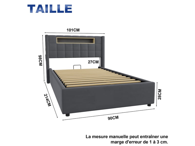Lit coffre 90x200 cm velours gris foncé, tête à rangements, led, 2 usb, type-c et poches latérales, sommier inclus - Conforama C