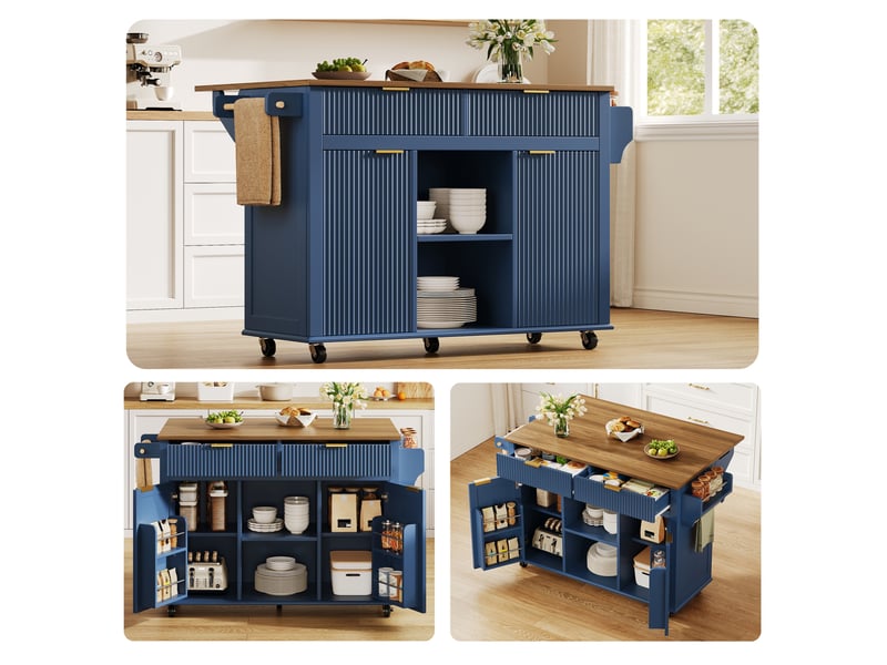 Desserte de cuisine à roulettes avec plateau rabattable, 2 tiroirs, 2 portes, étagères à épices latérales, bleu marron - Conforama D