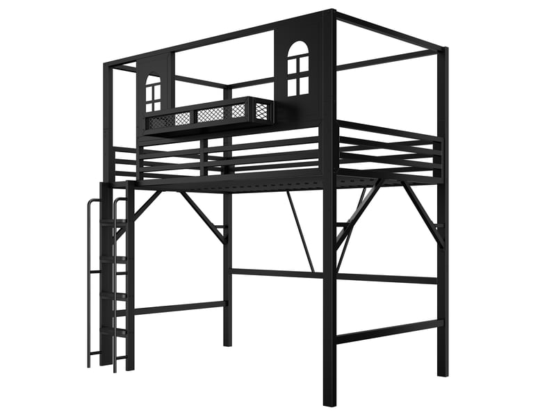  Lit mezzanine enfant 90 x 200 cm avec toit décoratif, lit superposé en métal avec échelle de sécurité, espace de jeu avec fenêtre, compartiment de rangement, lit mezzanine multifonctionnel pour chambres d'enfants et d'adolescent…  - Conforama E