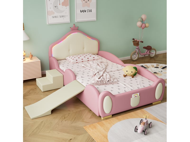 Lit enfant 90x200 cm avec toboggan, escalier et led multicolore rose et beige - Conforama B