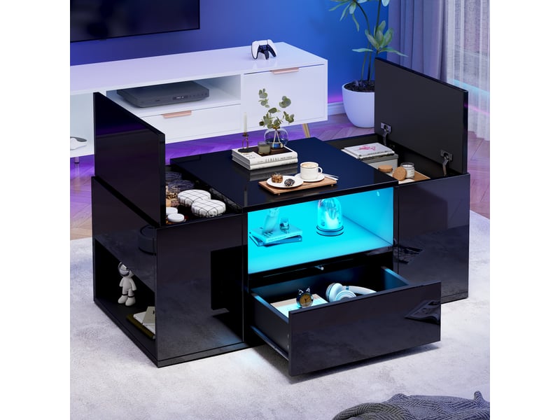  Table basse noire brillante avec led, table de salon avec rangements, 1 tiroir et 2 compartiments, 100x50x40 cm  - Conforama W