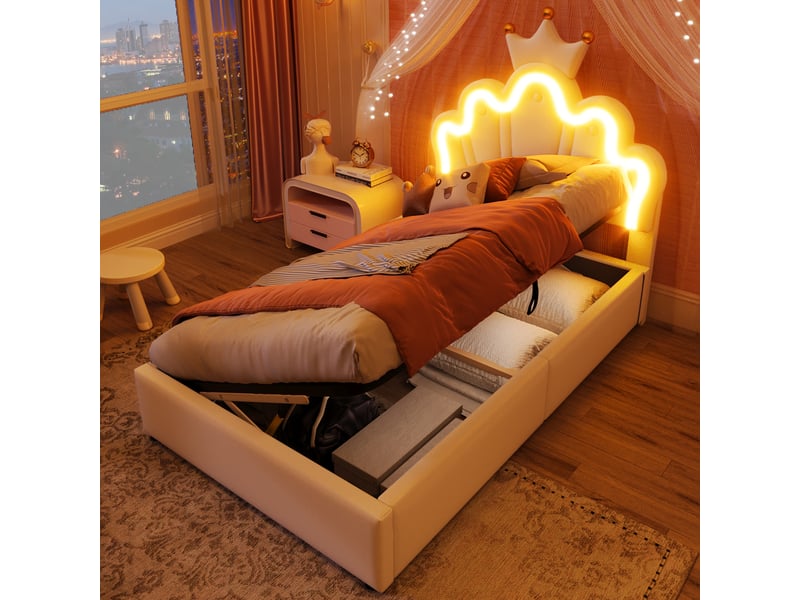  Lit coffre rembourré 90x200cm coloris blanc led pu lit enfant blanc - Conforama E