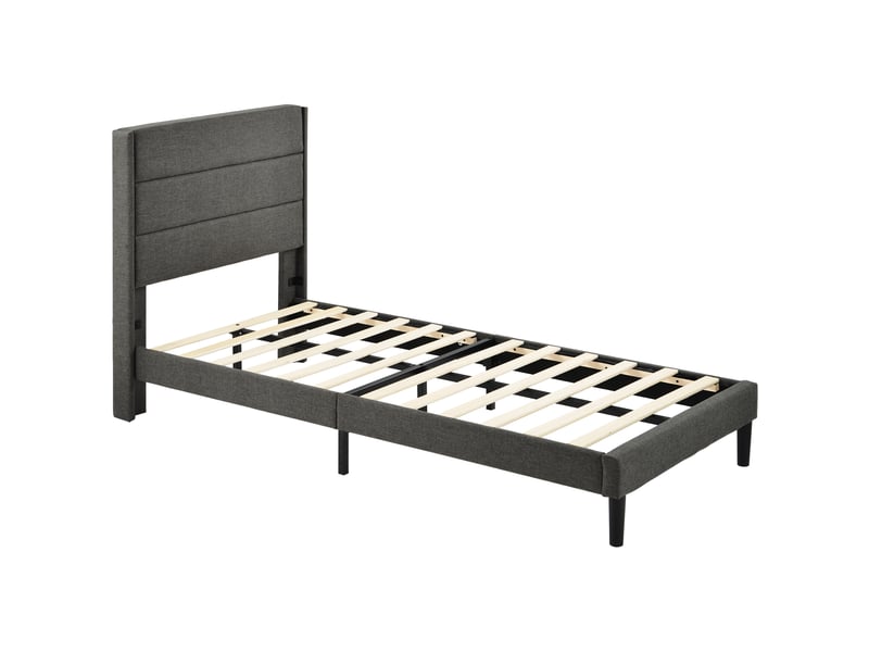  Lit enfant simple 90x200 cm en lin gris foncé avec tête de lit, sommier et matelas  - Conforama E