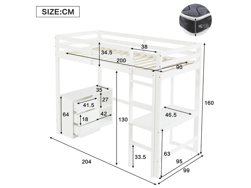  Lit mezzanine enfant 90x200 cm – blanc – bureau, rangement et échelle à 4 marches – sans matelas  - Conforama C