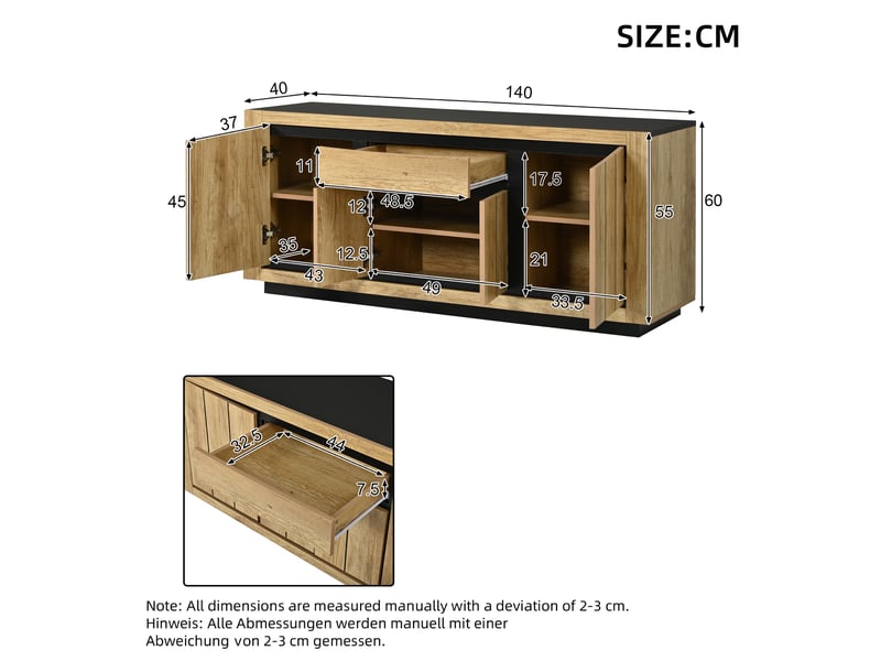 Buffet bas 140x40x60 cm effet bois et noir, meuble de rangement 4 portes avec tiroir mdf, façade sans poignée, style moderne pour salon séjour - Conforama D