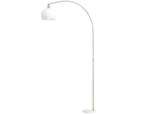 Lampadaire à tête courbée, blanc, socle en marbre, abat-jour plastique, interrupteur au pied