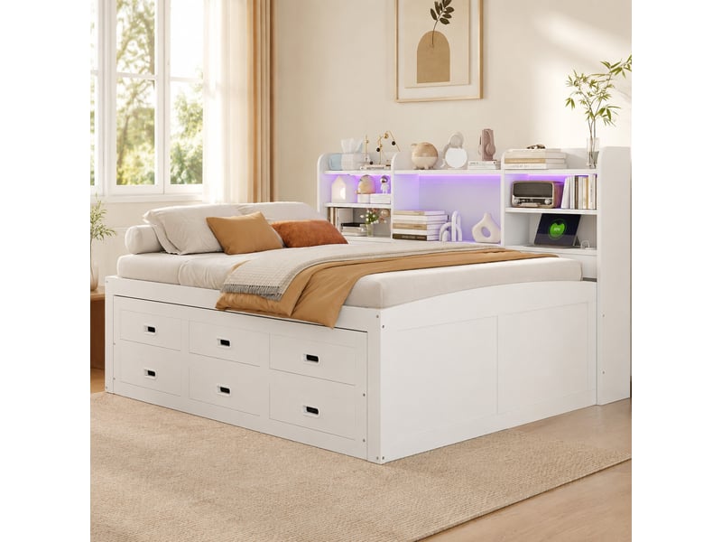  Lit gigogne 140x200 cm avec 3 tiroirs, led et ports usbtype-c, blanc  - Conforama C