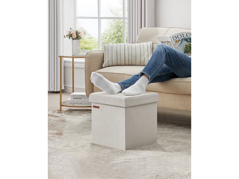 Banc de rangement, boîte pliable en velours, repose-pieds avec couvercle, 38 x 38 x 38 cm, capacité de charge 300 kg, pour couloir, salon, chambre, blanc crème  - Conforama B