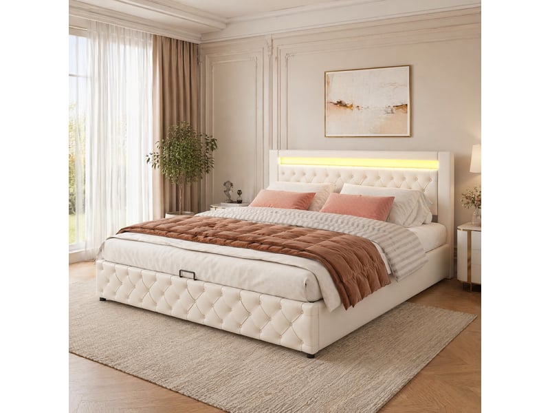  Lit rembourré 180 x 200 cm avec sommier à lattes relevable, rangement et led, blanc, pu  - Conforama C