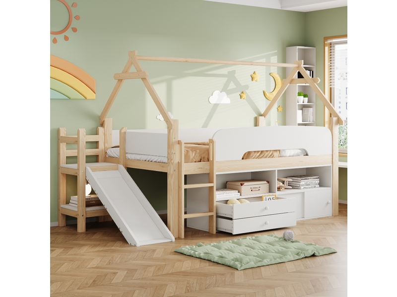 Lit mezzanine enfant modenvie 90 x 200 cm avec structure en forme de toit, toboggan, barrières de sécurité et rangements, bois naturel blanc et gris - Conforama E