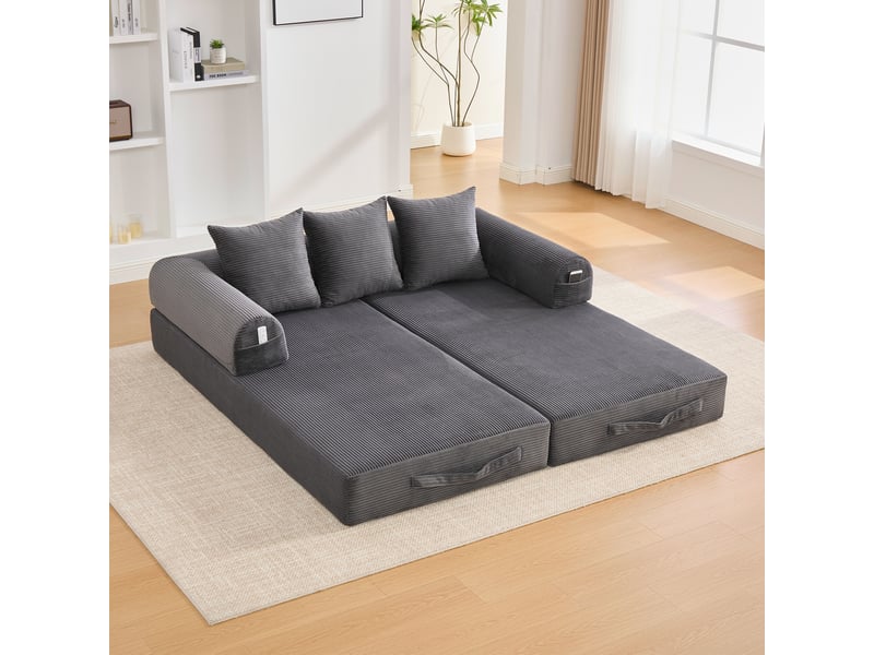  Canapé-lit convertible 3 places canapé au sol canapé modulable canapé compressé en velours côtelé avec cadre en métal, gris foncé  - Conforama D