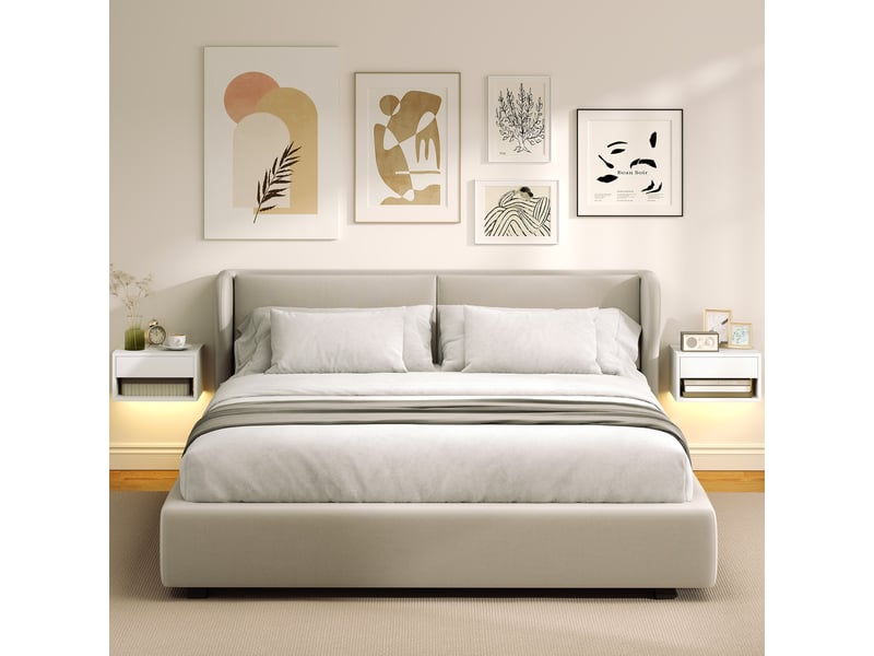  Lot de 2 tables de chevet suspendues avec éclairage led rgb contrôle par application, étagère, tiroir, 37x32x21cm, blanc  - Conforama D