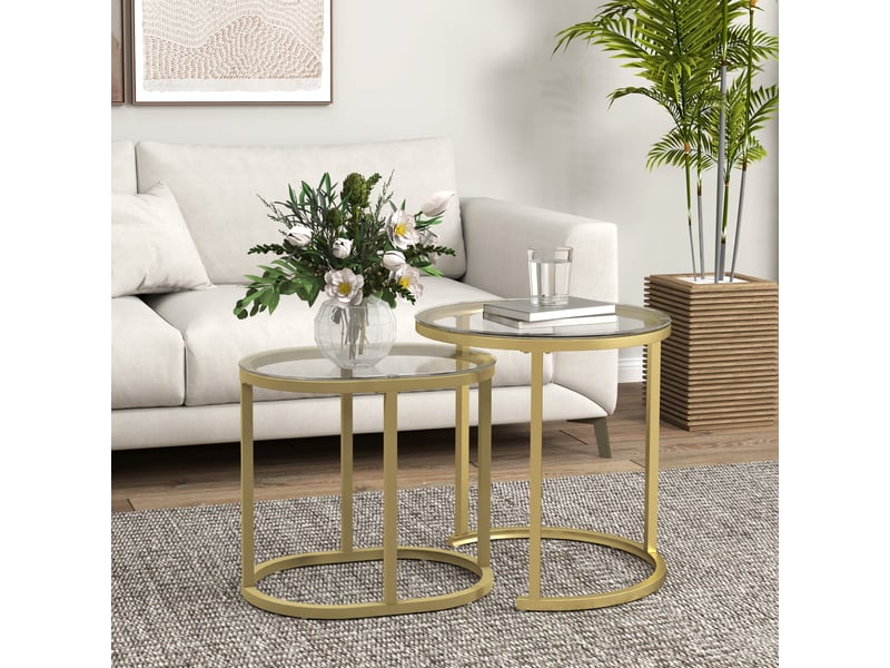  Tables basses gigognes encastrables lot de 2 tables d'appoint pour salon en acier or et verre trempé transparent T1003-01-10656 - Conforama E