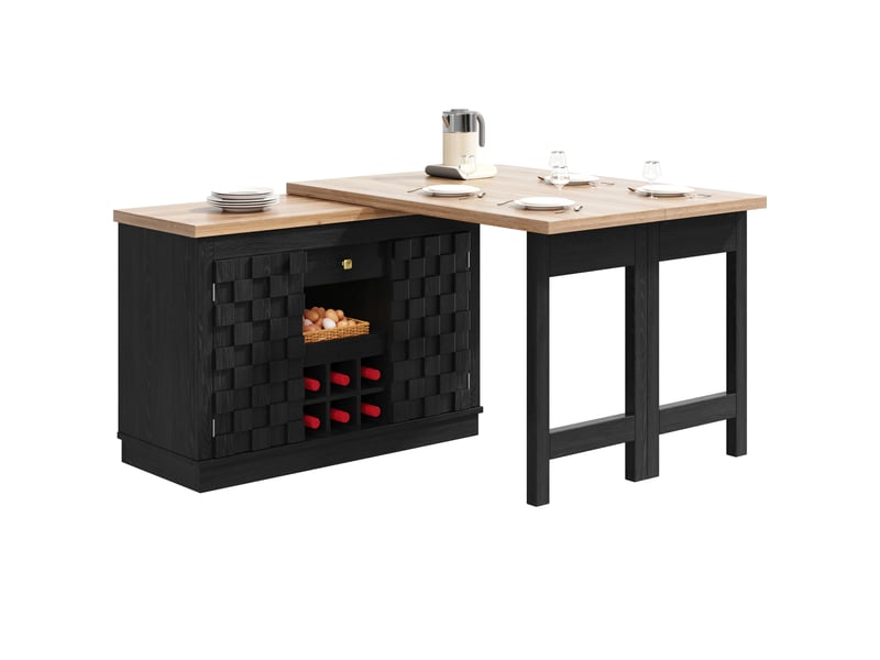  Îlot de cuisine 120-197x40x74,2 cm pivotant à 360°, rangements, porte-bouteilles amovible, tiroir, mdf, couleur noir  - Conforama A