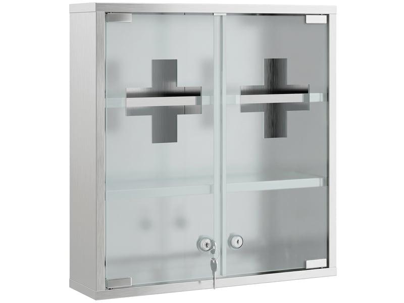  Armoire à pharmacie murale avec portes en verre verrouillables 2 clés, étagères de rangement, 46 x 12 x 48 cm, argenté  - Conforama A